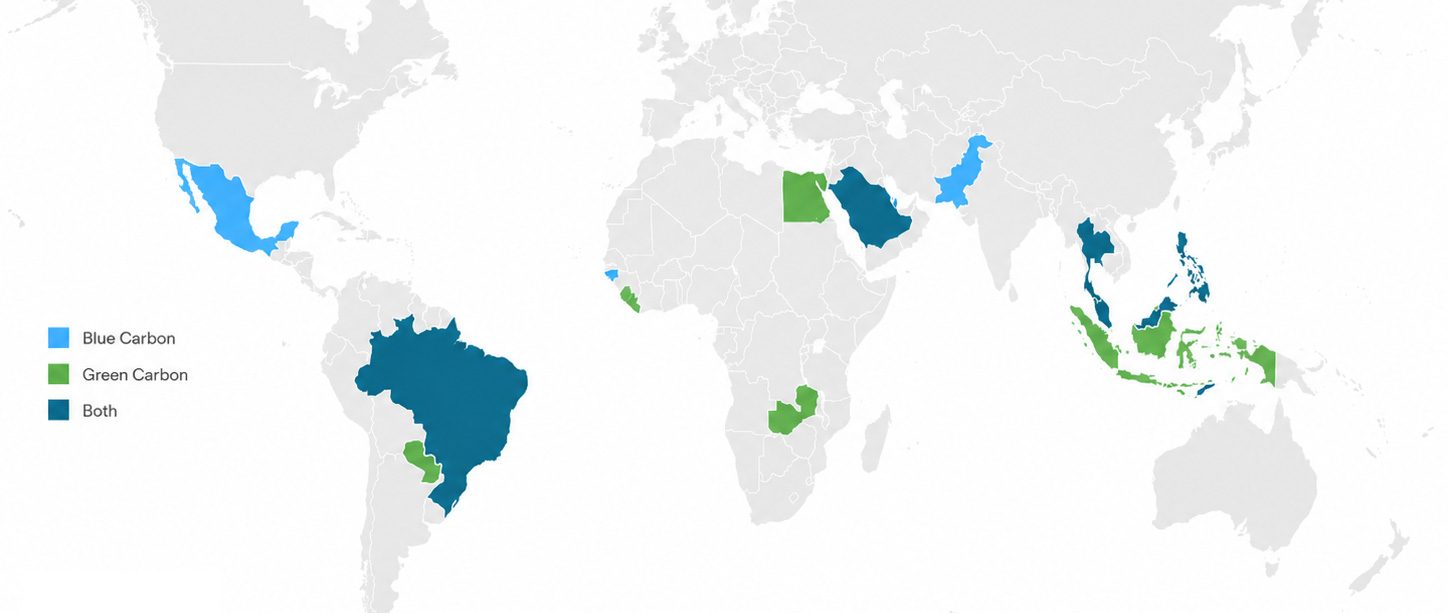 World map of blue and green carbon project countries